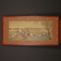 額装＜五葉亭広信＞浮世絵美人画 月夜屋形船図 風俗画（HP693)