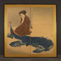 ＜北野恒富＞裁縫美人図屏風 二枚折
