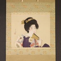 掛軸＜木谷千種＞美人画「濃紫」高島屋シール有（HP751)