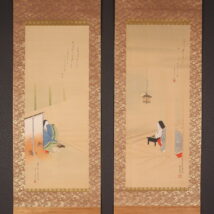 ＜松本楓湖 渡辺省亭＞双幅 勾当内侍・紫式部石山寺観月画賛 「我が袖の～」 倣：菊池容斎