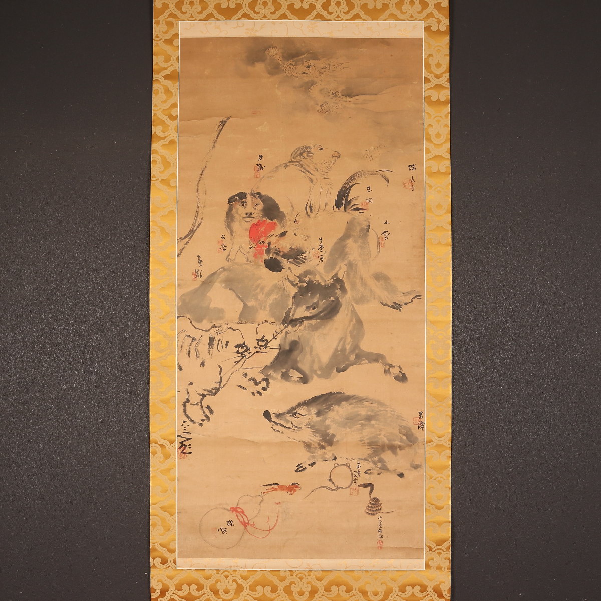 久保田米僊　猿回し　画賛　掛け軸　合わせ箱　書画、骨董品、美術品 久保田米僊 猿回し 画賛 掛け軸 合わせ箱 書画、骨董品、美術品