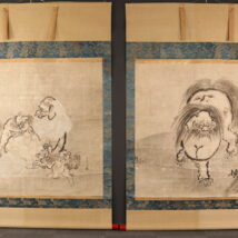 掛軸＜佐脇嵩之＞双幅 唐獅子図 横幅168cm（HP1251）