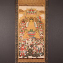 掛軸 仏画 釈迦三尊十六善神図 無落款 中国（HP1339）