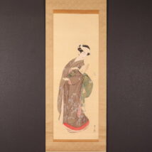 【売約済】掛軸＜上島鳳山＞蝶に扇子美人図「春野行楽」（HP1411）