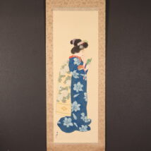 掛軸＜岡本大更＞手鏡に化粧美人図「紅」（HP1442）