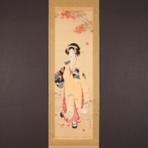 【売約済】掛軸＜小林清親＞紅葉に扇子美人図 「落葉」 秋掛（HP1389）