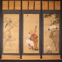 掛軸＜三谷東亭＞三幅対 松鶴花鳥に寿老人図（HP1520）