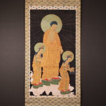 掛軸＜伝：生源寺業蕃＞大幅 仏画 阿弥陀三尊来迎図 文政2年 裏書有 什物 描き表具 神仏習合 中国（HP1550）