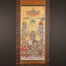 掛軸 大幅 仏画 釈迦三尊十六善神図 無落款 中国（HP1614)