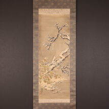 掛軸＜河辺青蘭＞雪中花鳥図「枯柯寒菊」（HP1648)