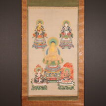 掛軸 大幅 仏画 阿弥陀五尊像 金剛光焔止風雨陀羅尼経本尊 神護院什物 仁和寺貼紙有 江戸時代後期 密教（HP1654）